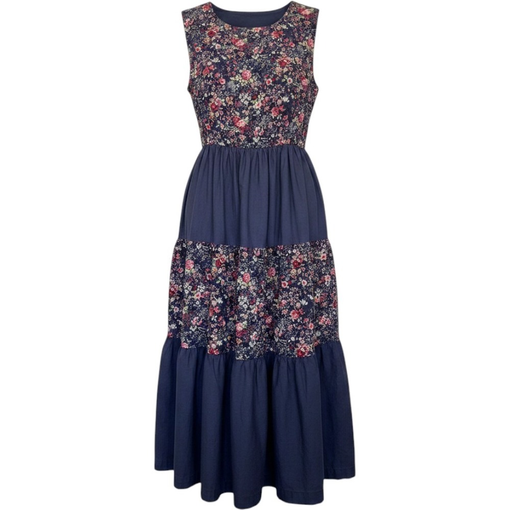 Vintage Handmade S Floral Tiered Sleeveless Midi Dress Blue Floral Cottagecore